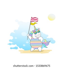 Vector illustration of cute magic unicorn on the beach, children's print on t-shirt