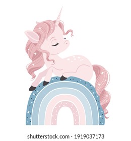Vector illustration of a cute magic unicorn, sitting on the rainbow.