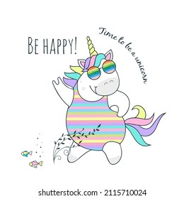 Vector illustration of cute magic unicorn on the beach, children's print on t-shirt.