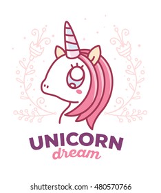 Vector illustration of cute magic unicorn head with horn, pink mane, flowers and words unicorn dream. Thin flat line art design to make unicorn poster, invitation, greeting card