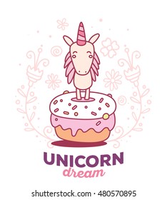 Vector illustration of cute magic unicorn head with horn, pink mane, flowers, big donut and words unicorn dream. Thin flat line art design to make unicorn poster, invitation, greeting card
