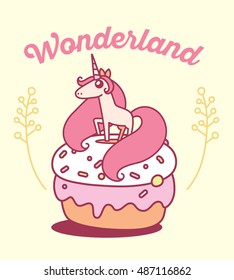 Vector illustration of cute magic unicorn with horn, pink mane, flowers, big donut and word wonderland. Thin flat line art design to make unicorn poster, invitation, greeting card
