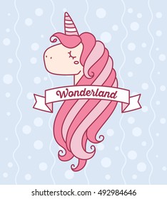 Vector illustration of cute magic unicorn head with horn, pink mane, curls, ribbon and word wonderland. Thin flat line art design to make unicorn poster, invitation, greeting card, logotype, sticker 