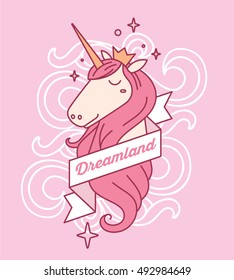 Vector illustration of cute magic unicorn head with horn, pink mane, golden crown, curls, ribbon, word dreamland. Thin flat line art design to make unicorn poster, invitation, greeting card, sticker 