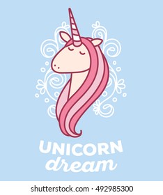 Vector illustration of cute magic unicorn head with horn, pink mane, curls, inscription unicorn dream on blue background. Thin flat line art design to make unicorn poster, invitation, card, sticker 