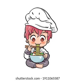 Vector illustration of a cute male chef, eating a bowl of ramen noodles. Drawn with kawaii chibi style.