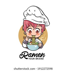 Vector illustration of a cute male chef, eating a bowl of ramen noodles. Can be used as mascot or part of a logo. Drawn with kawaii chibi style.