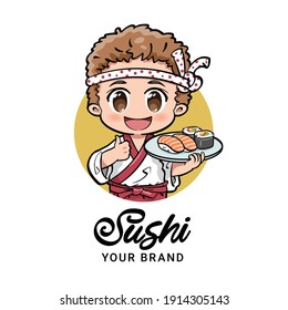 Vektorgrafik eines süßen männlichen Küchenchefs, der einen Sushi-Teller hält und die kleinen Daumen auf dem Schild macht. Kann als Maskottchen oder als Teil eines Logos verwendet werden. Zieht in kawaii chibi Stil.