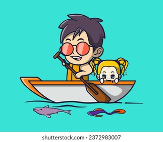 vector illustration of cute man riding a boat with little boy. transportation icon concept