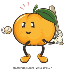 vector illustration of a cute mandarin orange character mascot ready to hit a baseball with a bat