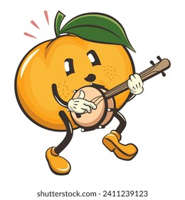 vector illustration of a cute mandarin orange character mascot playing a banjo musical instrument