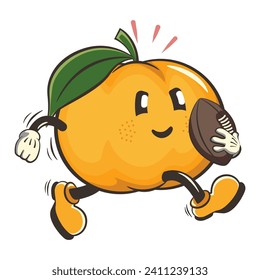 vector illustration of cute mandarin orange character mascot playing american football with an oval ball