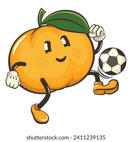 vector illustration of cute mandarin orange character mascot playing football or soccer