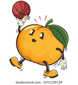 vector illustration of cute mandarin orange character mascot playing basketball