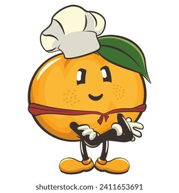vector illustration of a cute mandarin orange character mascot wearing a chef's hat and wearing a red scarf