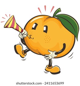 vector illustration of cute mandarin orange character mascot blowing party trumpet