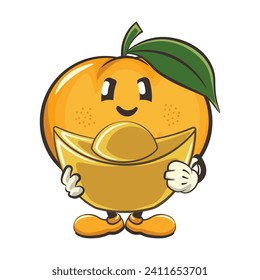 vector illustration of cute mandarin orange character mascot carrying ancient chinese gold money