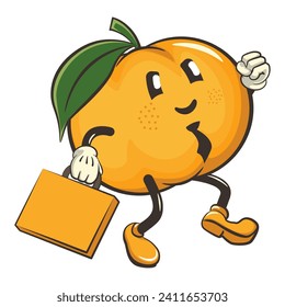 ilustración vectorial de una linda mascota de caracter mandarín naranja que lleva una corbata y una maleta corriendo a la oficina