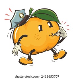 vector illustration of a cute mandarin orange character mascot wearing a police hat and blowing a whistle