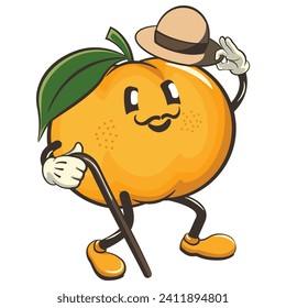 vector illustration of cute mandarin orange character mascot carrying a stick and saluting with raised hat