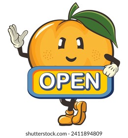 vector illustration of a cute mandarin orange character mascot carrying a sign that says open