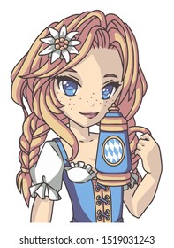 Vector illustration of cute Manga cartoon style girl with blond braids wearing blue and white traditional German Oktoberfest dirndl dress and holding beer mug in hand