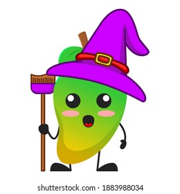 vector illustration of cute mango fruit halloween or character witch broom. cute mango fruit Concept White Isolated. Flat Cartoon Style Suitable for Landing Page, Banner, Flyer, Sticker.