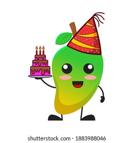 vector illustration of cute mango fruit birthday or character holding cake. cute mango fruit Concept White Isolated. Flat Cartoon Style Suitable for Landing Page, Banner, Flyer, Sticker.