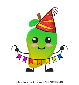 vector illustration of cute mango fruit birthday or character holding color ribbon. cute mango fruit Concept White Isolated. Flat Cartoon Style Suitable for Landing Page, Banner, Flyer, Sticker.