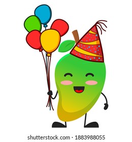 vector illustration of cute mango fruit birthday or character holding balloon. cute mango fruit Concept White Isolated. Flat Cartoon Style Suitable for Landing Page, Banner, Flyer, Sticker.