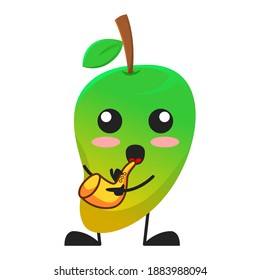 vector illustration of cute mango fruit music or character playing saxophope. cute mango fruit Concept White Isolated. Flat Cartoon Style Suitable for Landing Page, Banner, Flyer, Sticker.