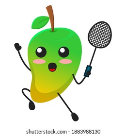 vector illustration of cute mango fruit sport or character play badminton. cute mango fruit Concept White Isolated. Flat Cartoon Style Suitable for Landing Page, Banner, Flyer, Sticker.