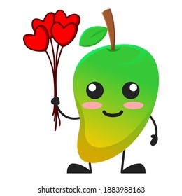 Vektorgrafik süßer Mango Fruchtvalentine oder Charakter, der Liebesballon hält. süße Mango Frucht Konzept weiß einzeln. Flat Cartoon Style Geeignet für Landing Page, Banner, Flyer, Sticker.