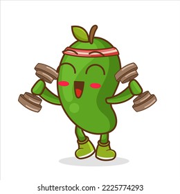 vector illustration of cute mango fruit fitness or character holding barbell. cute mango fruit Concept White Isolated.