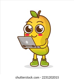 vector illustration of cute mango fruit business or character holding laptop. cute mango fruit Concept White Isolated.