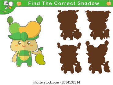 vector illustration of a cute mango mascot. Find the correct shadow, educational game for kids. set of cute fruit mascot. chibi cartoon. suitable for children's learning. games for preschoolers, etc.