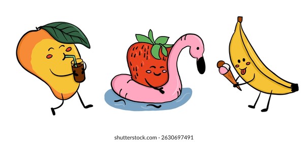 Vector illustration of cute mango, strawberry and banana with summer accessories on white background. Humorous summer vacation concept with kawaii fruit characters in a playful hand drawn style