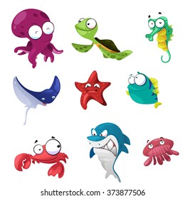 A vector illustration of cute marine animals icon sets