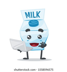 vector illustration of cute mascot or character presentation with holding laptop in white background