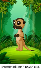 vector illustration of cute meerkat cartoon in the clear and green forest