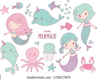 Vector illustration of cute mermaid with colorful hair and other under the sea elements. Magical mermaid, fishes, sea animals and starfish, vector illustration collection