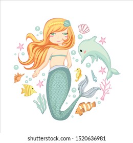 vector illustration of cute mermaid with dolphins, sea plants and shells hand drawn.