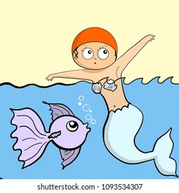 Vector illustration of cute mermaid with fish.