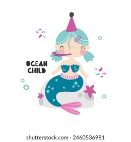 Vector illustration of a cute mermaid girl with a festive cap on her head, blue hair. Confetti. Ocean Child lettering. Girl's birthday card, invitation. Mermaid party. Underwater world, ocean, sea. 