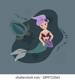 Vector illustration with cute mermaid helping baby turtle to find mother. Help and friendship concept, hand drawn, perfect for kids print, parties, wrapping paper and packaging, textile, greeting card