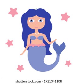 vector illustration. A cute mermaid with long blue hair. Stars, character, mermaid, water, sea, fairy tale, tail, mermaid tail, blue hair, magic, coloring, wallpaper, print, textiles