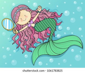 Vector illustration of cute mermaid princess with colorful hair and hold the mirror. Bubbles floating in the sea.