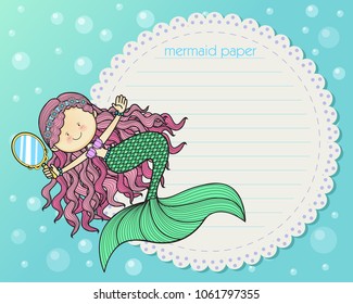 Vector illustration of cute mermaid princess with colorful hair and hold the mirror. Bubbles floating in the sea.