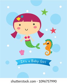 Vector illustration of cute mermaid princess with colorful hair, seahorse and under the sea elements.