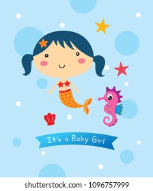 Vector illustration of cute mermaid princess with colorful hair, seahorse and under the sea elements.